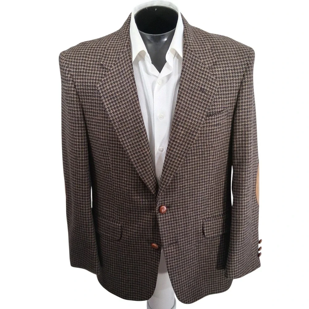 Mark Alexander Sport Coat Mens 40R Brown Houndstooth Elbow Patches Blazer